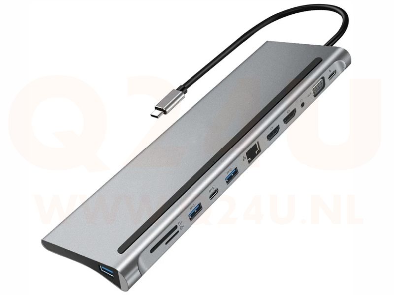 USB-C hub, 12 in 1. RJ45, 3x USB, 2x HDMI, 1x VGA, audio