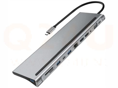 USB-C hub, 12 in 1. RJ45, 3x USB, 2x HDMI, 1x VGA, audio